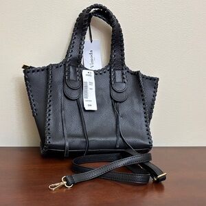 Vimoda black leather handbag braided top handles detachable crossbody strap